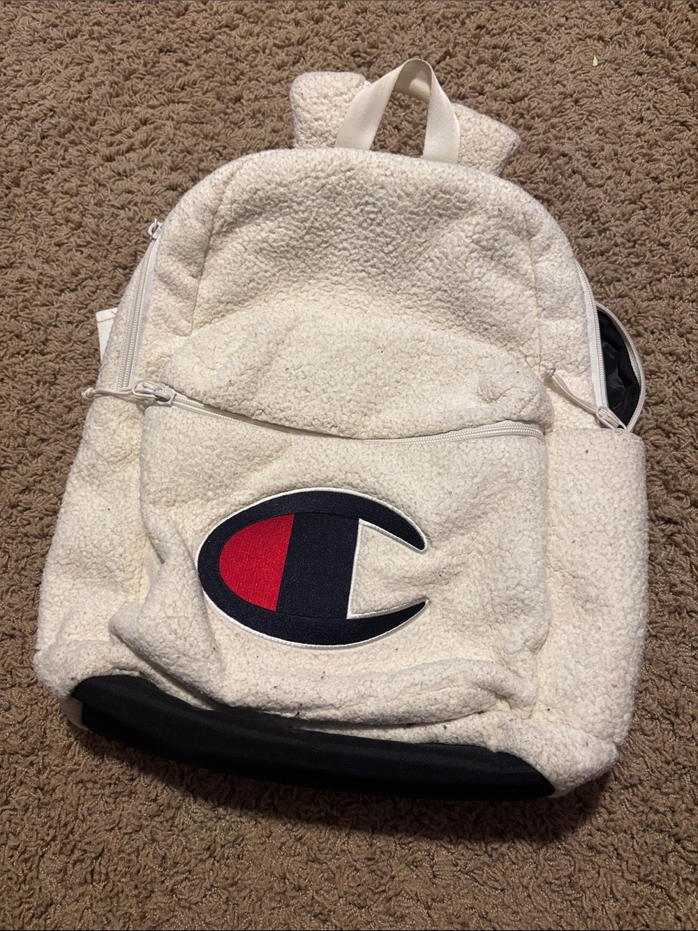 Champion Cream Sherpa Backpack with Black Base and Red Logo Accent